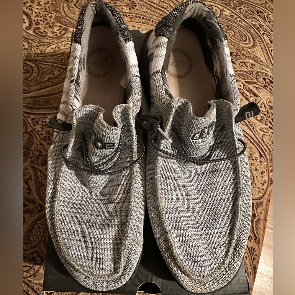 HeyDude white with black accent slip on